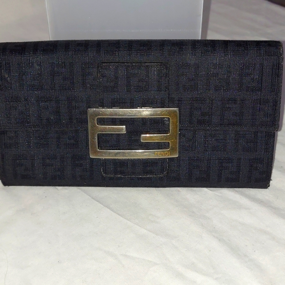 Authentic Rare Vintage Fendi Zucca print Long Wallet Black & Gray Canvas